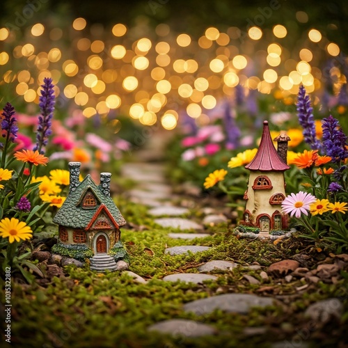 house in the forest An enchanted fairy garden filled with miniature houses, colorful flowers, and sparkling lights, creating a whimsical atmosphere. photo