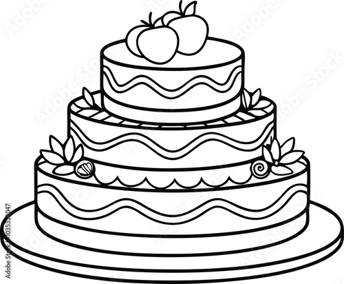 Wedding cake engraving black and white single outline, illustration on white background.