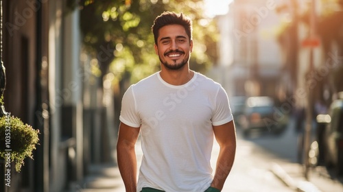 A happy Latin man wearing a white T-shirt and green jeans.