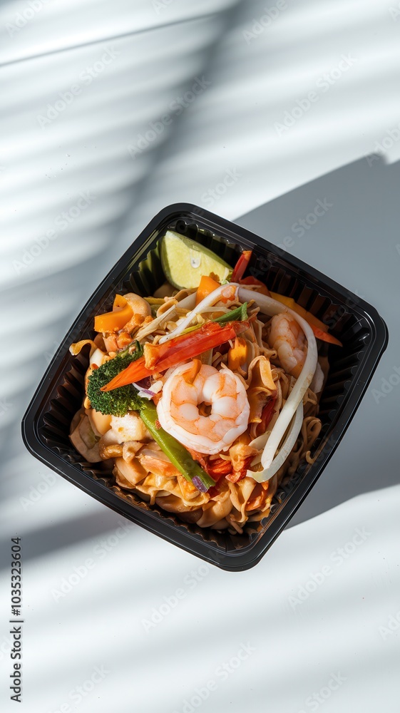 Pad Thai with shrimp, rice noodles, peanuts, lime, and vegetables in takeout box Pad Thai with shrimp, rice noodles, peanuts, lime, and vegetables in takeout box