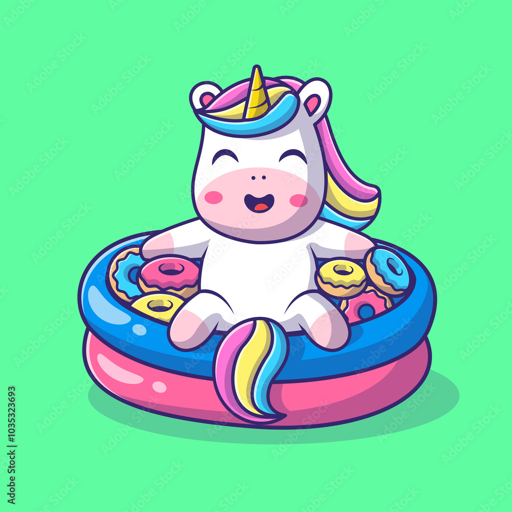 Unicórnio em piscina de Donuts Unicórnio em piscina de Donuts