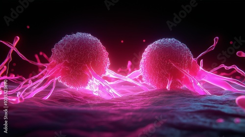 Digital rendering of cancer cells in vibrant colors on dark background. photo