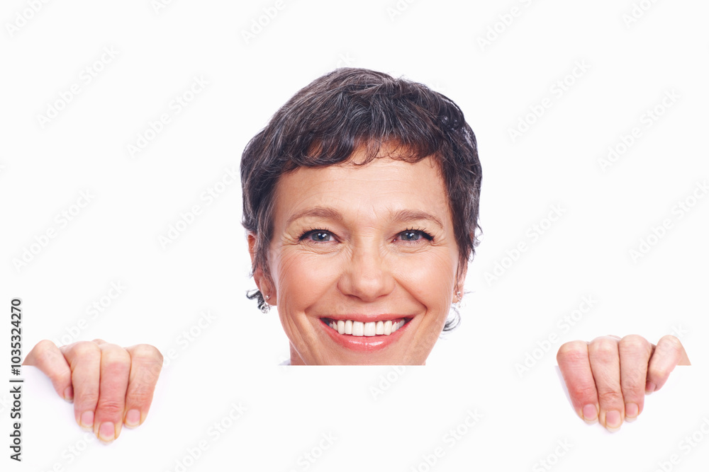 Portrait, mature woman and billboard for advertising on mock up space or white background. Female person, poster and financial advisor in investment, information and insurance sales as career in USA Portrait, mature woman and billboard for advertising on mock up space or white background. Female person, poster and financial advisor in investment, information and insurance sales as career in USA