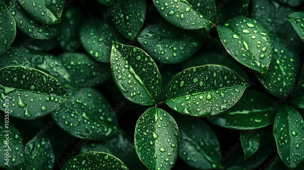 Obraz premium Close-up of Dew-covered Green Leaves with a Dark Background