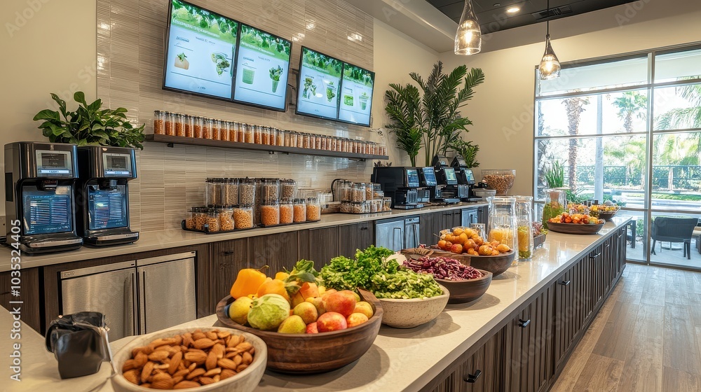Modern office kitchen with healthy snack options and beverage station Modern office kitchen with healthy snack options and beverage station