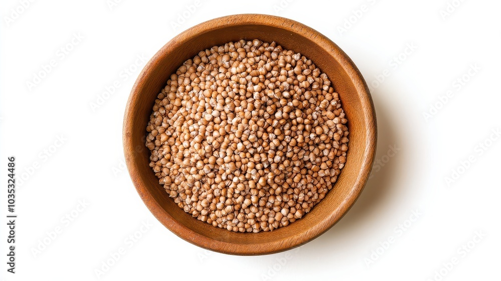 Sorghum grains in wooden bowl on white background for healthy cooking and nutrition concepts Sorghum grains in wooden bowl on white background for healthy cooking and nutrition concepts