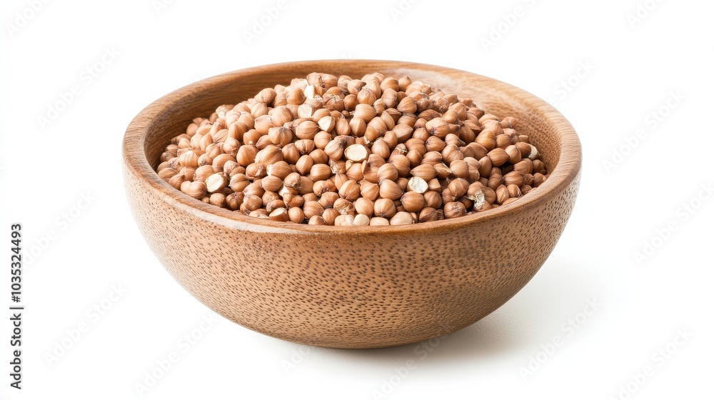 Wooden bowl filled with raw buckwheat groats isolated on white background Wooden bowl filled with raw buckwheat groats isolated on white background