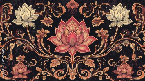 Antique Thai fabric pattern with lotus flowers and swirling lines, inspired by cultural art and architecture, Thai textile, seamless traditional fabric,