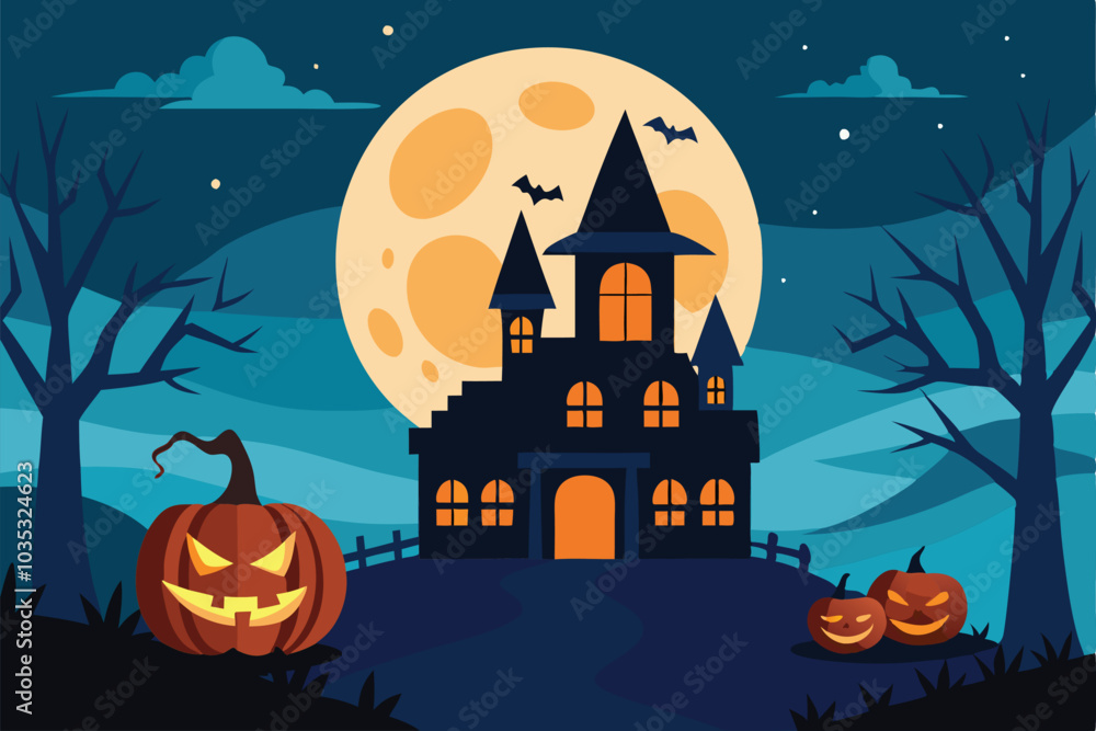 Halloween pumpkin and hunted house with full moon background - Generative AI Halloween pumpkin and hunted house with full moon background - Generative AI