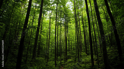 A dense forest filled with the sounds of chirping birds and rustling leaves.