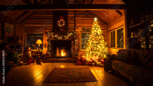 Wallpaper Mural Home interior decorated on Christmas holidays, dark living room with fireplace and Christmas tree at night. Concept of background, xmas, house, decor Torontodigital.ca