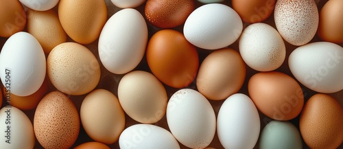 Fresh eggs in various colors and sizes.