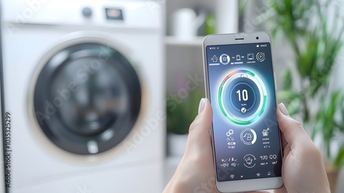 Photograph showcasing a modern smart home interior with app controlled thermostat energy efficient appliances and integrated home automation technology  The image depicts a sleek