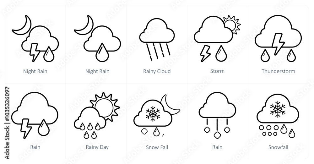 A set of 10 Weather icons as night rain, rainy cloud, storm A set of 10 Weather icons as night rain, rainy cloud, storm