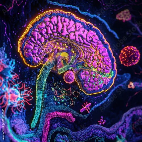 Crosssection of a human organ like the liver or brain showing a drug molecule interacting at the cellular level, with intricate pathways highlighted in neon colors, photo