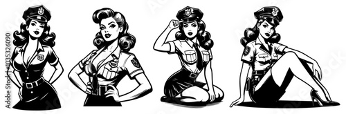 beauty pin-up girl illustration, adorable beautiful pinup woman model, comic book character, black shape silhouette vector decoration policewoman female police officer cop