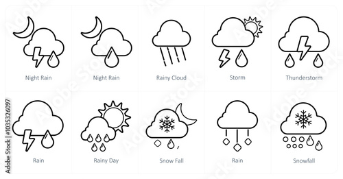 A set of 10 Weather icons as night rain, rainy cloud, storm