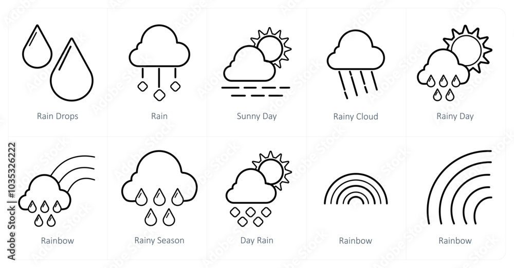 Fototapeta premium A set of 10 Weather icons as rain drops, rain, sunny day