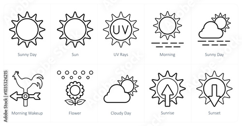 A set of 10 Weather icons as sunny day, sun, uv rays