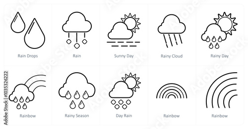A set of 10 Weather icons as rain drops, rain, sunny day