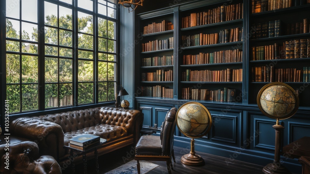 A Well-Furnished Study With a Bookcase, Leather Furniture, and Globes A Well-Furnished Study With a Bookcase, Leather Furniture, and Globes