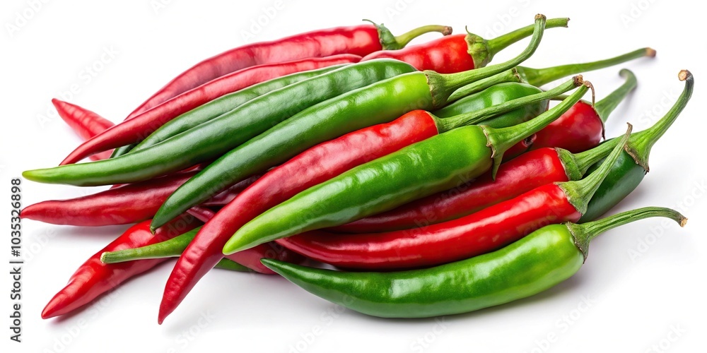 Minimalist fresh green and red chili peppers isolated on white background. Mixed chili Minimalist fresh green and red chili peppers isolated on white background. Mixed chili