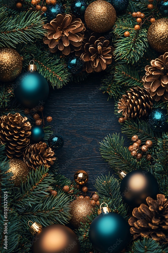 A festive Christmas arrangement featuring pinecones and ornaments on a wooden surface, perfect for holiday cards, invitations, and seasonal decor. A festive Christmas arrangement featuring pinecones and ornaments on a wooden surface, perfect for holiday cards, invitations, and seasonal decor.