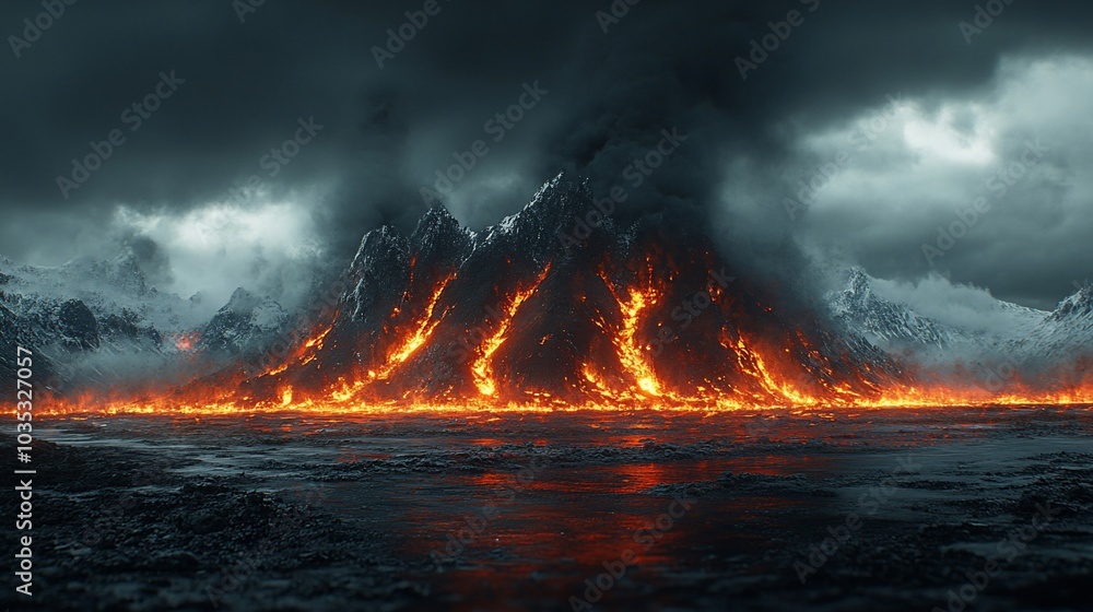 A dramatic volcanic eruption with flowing lava and dark stormy clouds overhead.