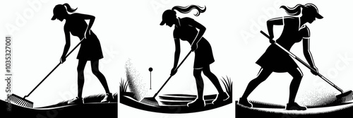 Female Golfer Rakes Bunker After Shot