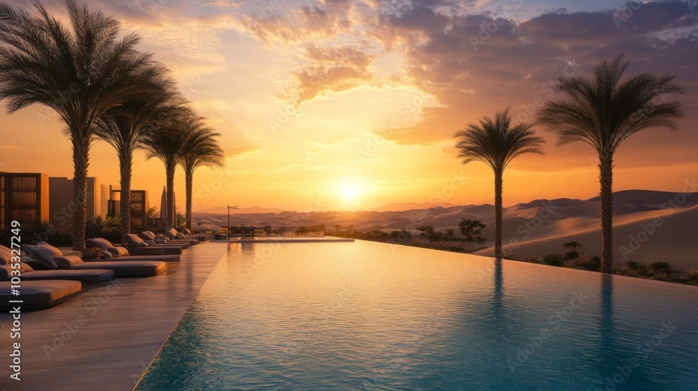 Obraz premium Sunset Overlooking Infinity Pool with Palm Trees and Desert Landscape