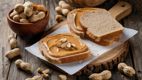 A plate of peanut butter and bread sits on a wooden table. The bread is toasted and has a few nuts on top. There are also some peanuts scattered around the table