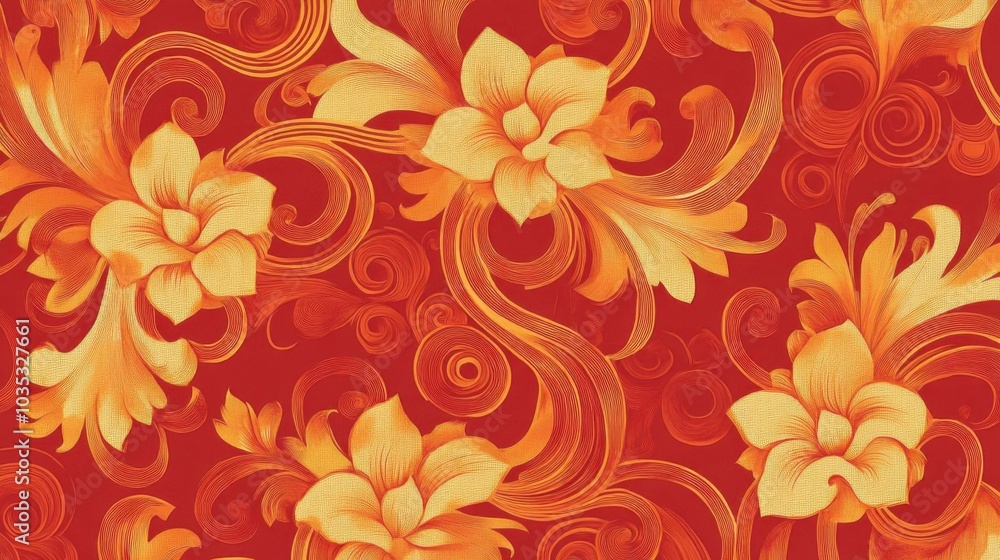 hai textile seamless pattern with traditional swirling lines and floral elements in warm tones, Thai textile, decorative fabric design, hai textile seamless pattern with traditional swirling lines and floral elements in warm tones, Thai textile, decorative fabric design,