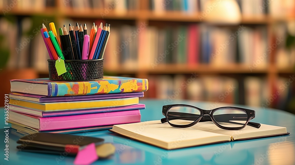 Open book lying on desk with colorful stack of books and pens in library Open book lying on desk with colorful stack of books and pens in library