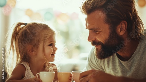 A heartwarming scene of a father and young daughter enjoying coffee together, exchanging smiles and laughter in a sunlit room, capturing a moment of pure happiness. photo