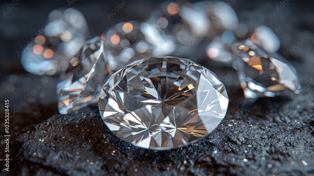 Sparkling diamonds resting on a textured dark surface with soft reflections and shimmering light in a mesmerizing display. Generative AI Sparkling diamonds resting on a textured dark surface with soft reflections and shimmering light in a mesmerizing display. Generative AI