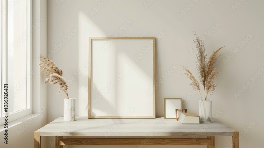 A clean, minimalist desk in a home office with white walls and wood finishes. A blank picture frame is prominently displayed A clean, minimalist desk in a home office with white walls and wood finishes. A blank picture frame is prominently displayed