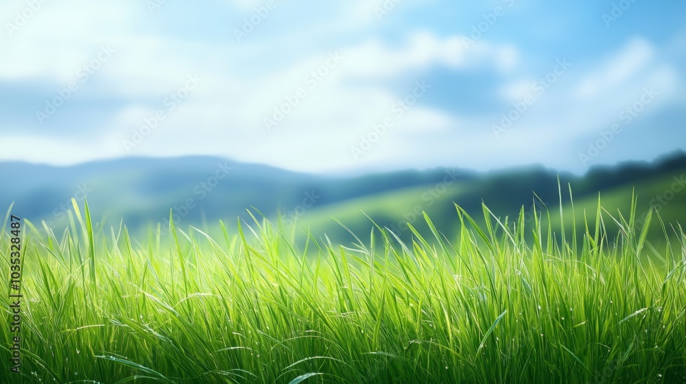 Green Grass, Blue Sky and Rolling Hills. Sunny Summer Landscape With Field. Beautiful Scenic View Green Grass, Blue Sky and Rolling Hills. Sunny Summer Landscape With Field. Beautiful Scenic View