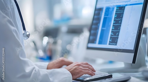 Doctor using a computer with a stethoscope around his neck
