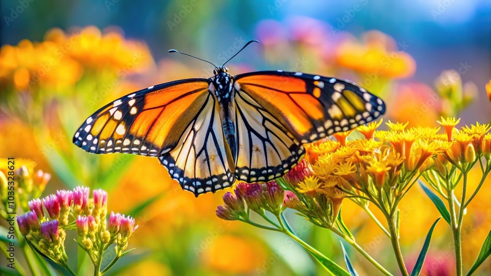 Monarch butterfly feeding on flowers in panoramic view Monarch butterfly feeding on flowers in panoramic view