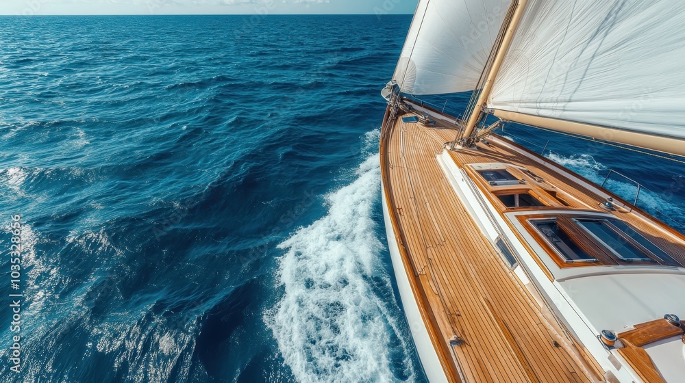 Obraz premium A sailboat with polished wooden decks gracefully navigates the open ocean, slicing through deep blue waves under a vast, clear sky, symbolizing freedom and adventure.