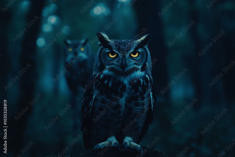 Nocturnal Owls in a Mystical Forest at Night Nocturnal Owls in a Mystical Forest at Night
