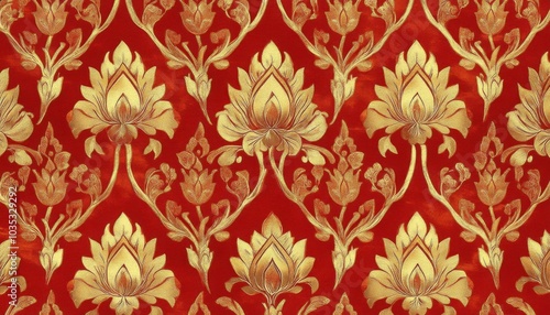 Ornate ancient Thai silk pattern with lotus flowers and gold accents, inspired by temple art, Thai silk, seamless luxury fabric design,
