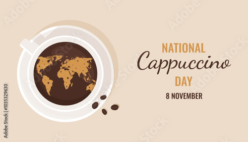 Rectangular vector banner of National Cappuccino Day. Poster Cappuccino day 8 November. Coffee holiday.