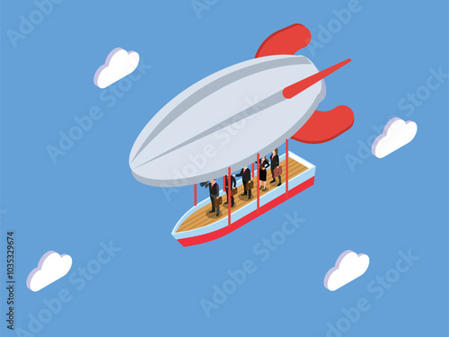 3D isometric illustration of a zeppelin or airship floating in a blue sky with white clouds