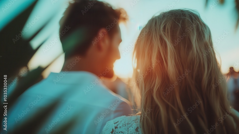 A couple enjoys the warm glow of the sunset from behind foliage, embodying love, intimacy, and tranquility, as they share a quiet moment in nature's embrace. A couple enjoys the warm glow of the sunset from behind foliage, embodying love, intimacy, and tranquility, as they share a quiet moment in nature's embrace.