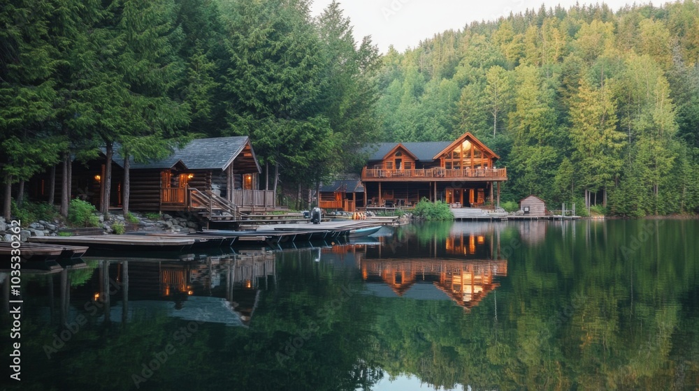 Fototapeta premium Lakeside Log Cabins with Boats and Reflections