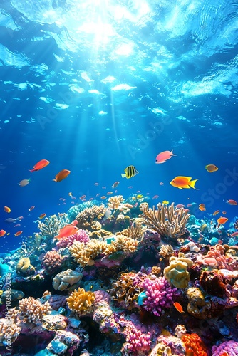 Explore the beauty of a vibrant underwater coral reef teeming with colorful fish. Sunlight filters through the surface, illuminating the diverse marine habitat.