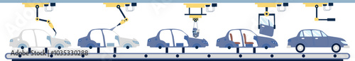 Car assembly conveyor. Robotic arm modern manufacture