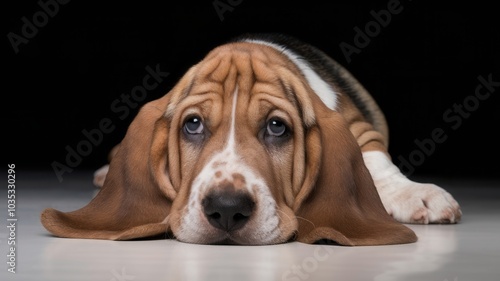 Beagle resting peacefully with eyes closed, head down, and floppy ears