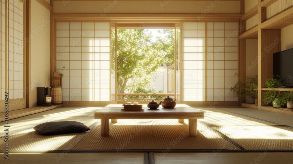 Fototapeta premium Minimalist Japanese Tea Room with Wooden Accents and Sunlight Streaming Through Shoji Screens